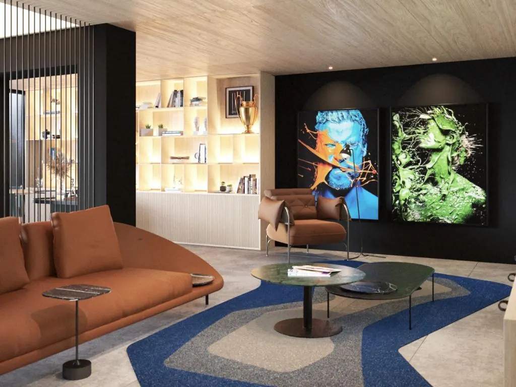 Lounge com estante iluminada, sofá terracota e painel ripado preto ao fundo.