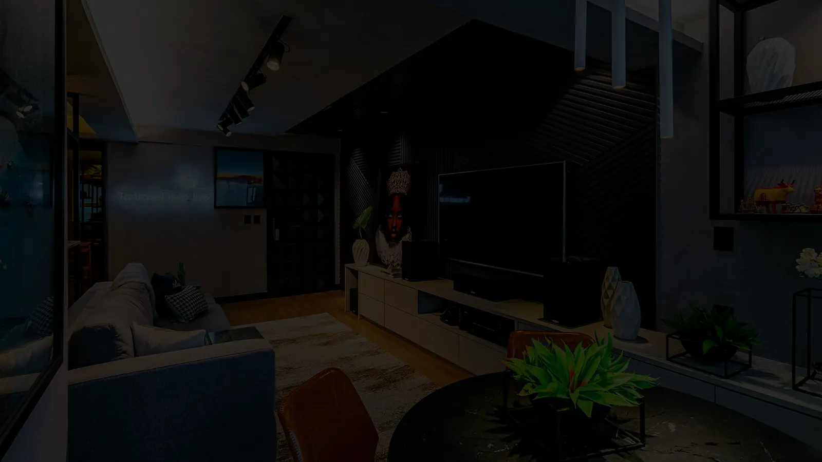 Living com painel ripado preto em leque, rack suspenso e iluminação linear embutida.